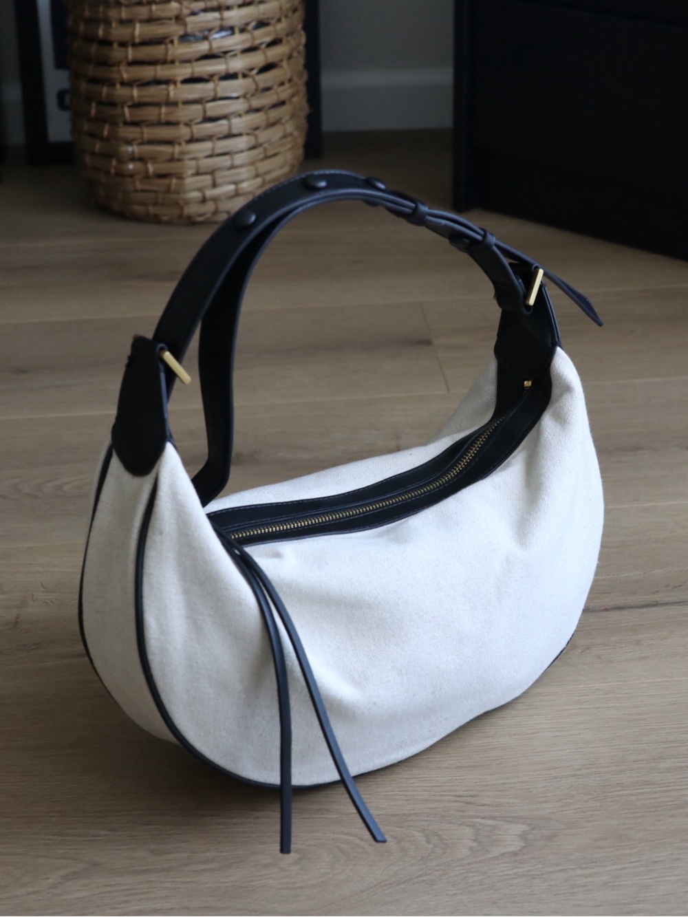 Zara Linen Cotton Oval Hobo Shoulder Bag Cream Black - Picture 2 of 15